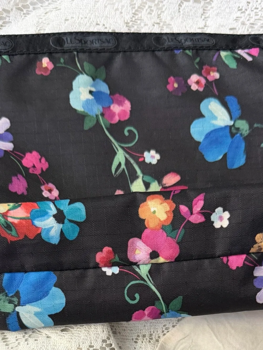 Lesportsac Black Floral Cosmetic Pouch with Multicolor Blooms